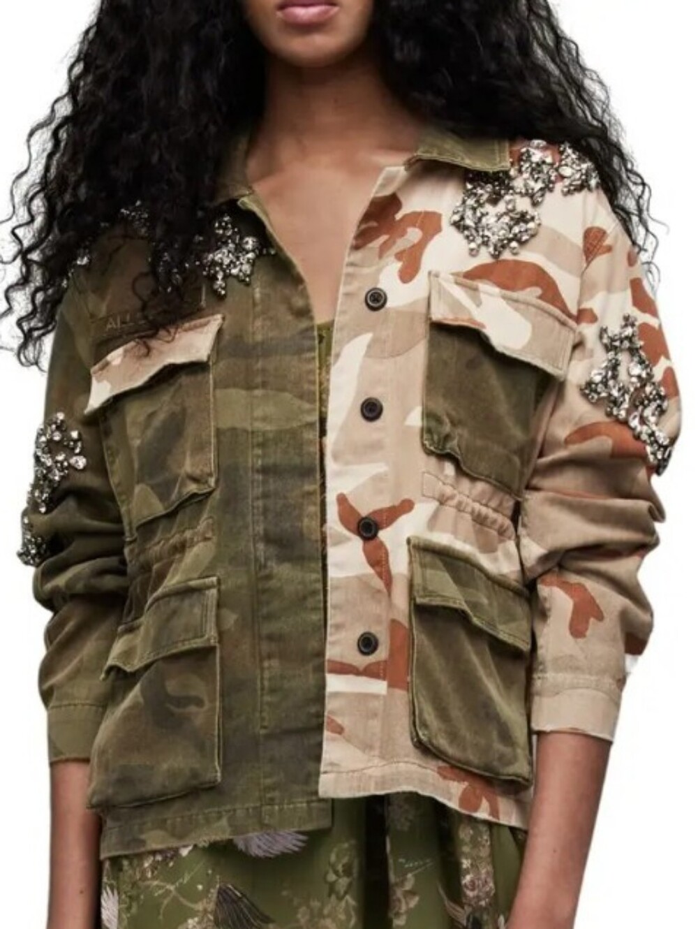 AllSaints Finch Embellished Camouflage Denim Utility Jacket - 12